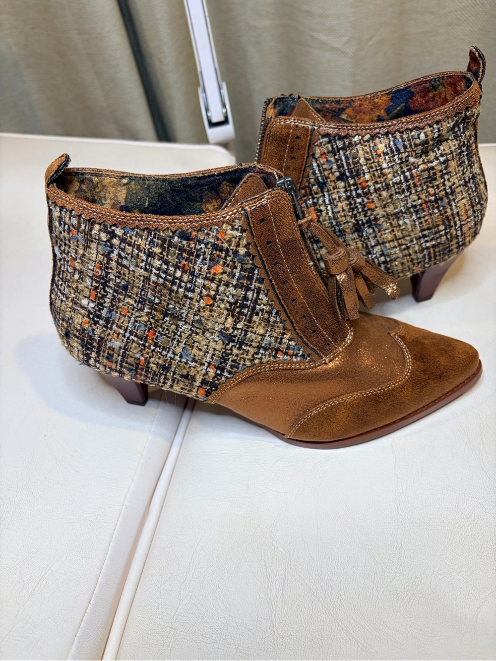 Irregular Choice Brown Suede Tassel Ankle Booties with Tweed Panels